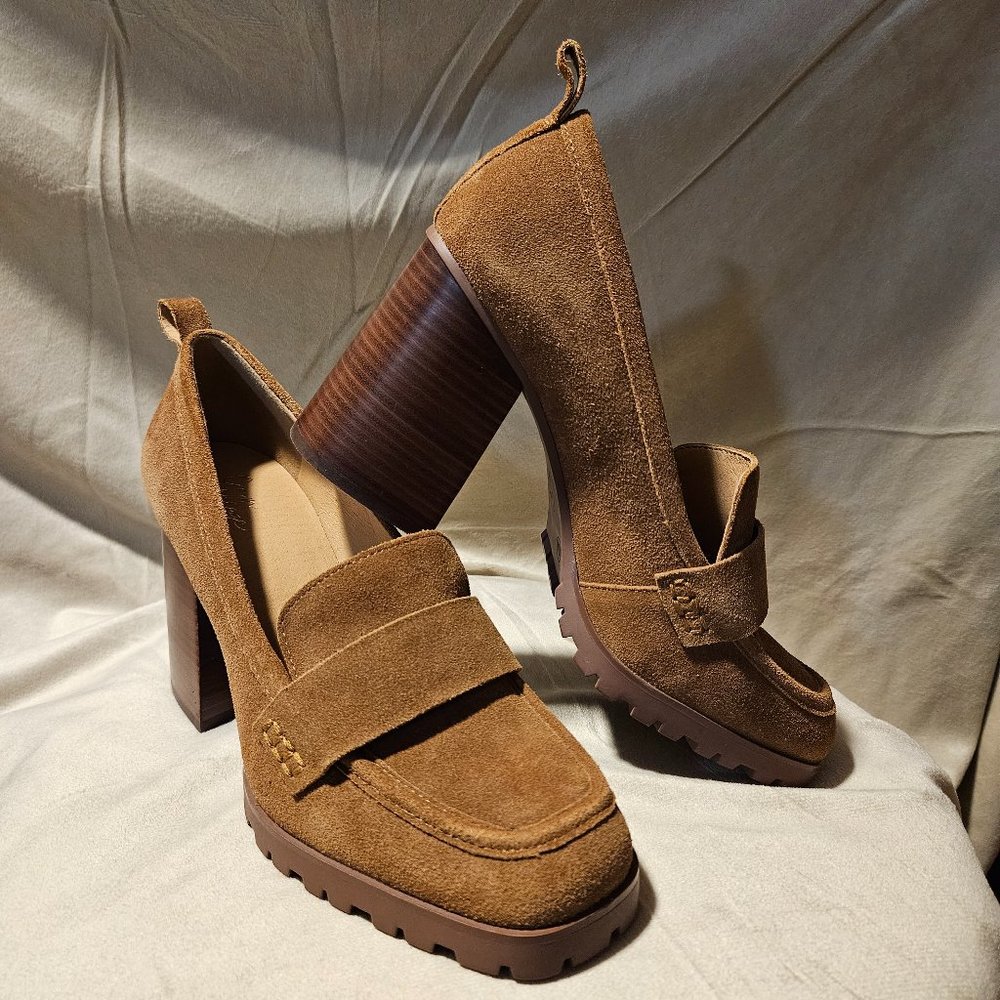 Crown Vintage- Alivia Platform Suede Leather Heeled Loafers Brown/Tan, Size 10